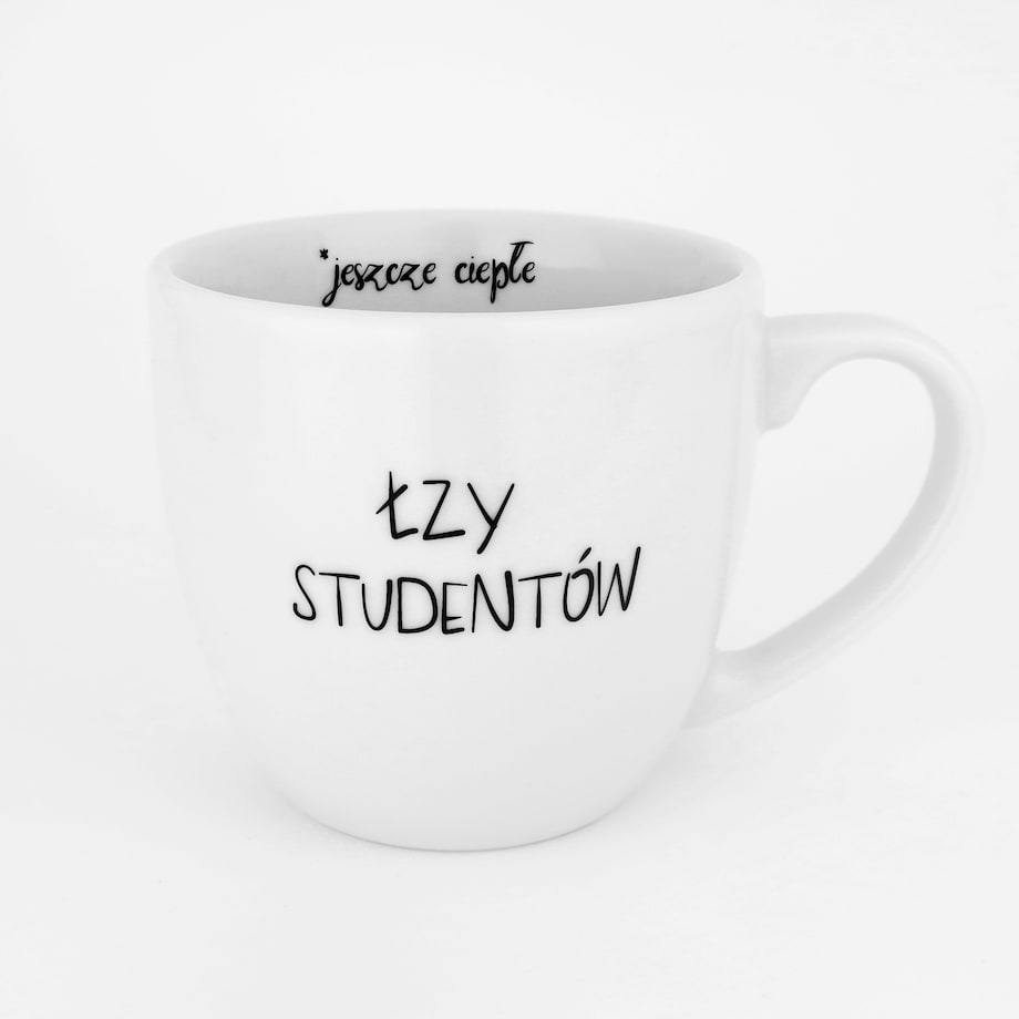 Kubek porcelanowy z napisem „ŁZY STUDENTÓW / jeszcze ciepłe" 300 ml - prezent dla nauczyciela, wykładowcy