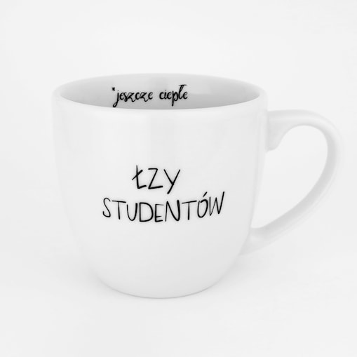 Kubek porcelanowy z napisem „ŁZY STUDENTÓW / jeszcze ciepłe" 300 ml - prezent dla nauczyciela, wykładowcy