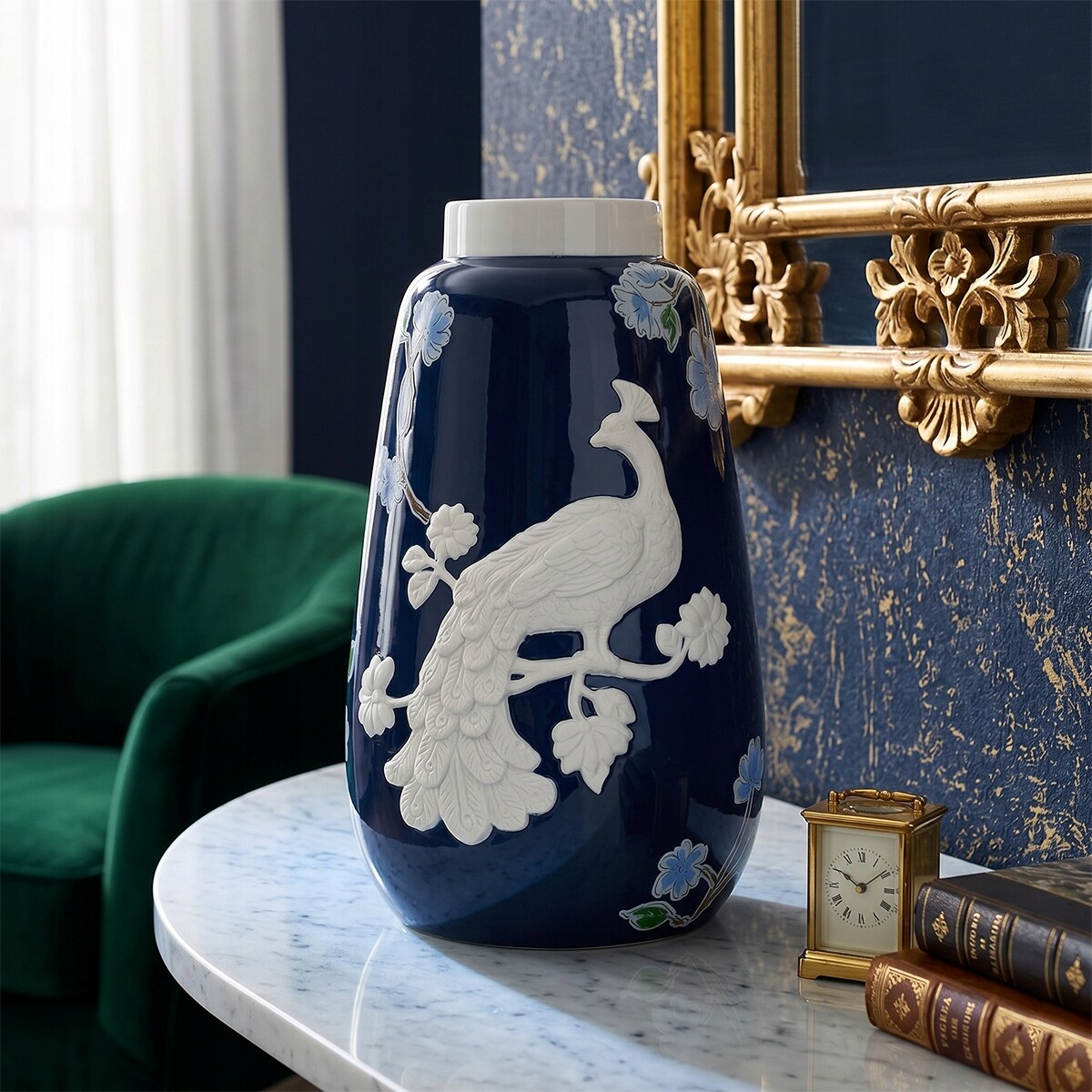 WAZON CERAMICZNY 26cm GRANATOWY BIAŁY WYSOKI NA KWIATY BUKIET DO SALONU