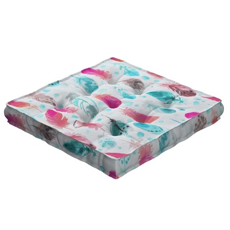 Siedzisko Tomi, różowe i turkusowe piórka, 50 x 50 x 10 cm, Magic Collection