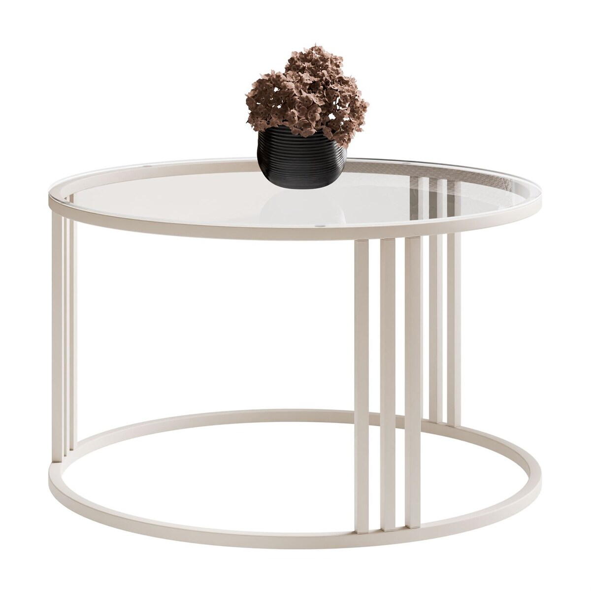Okrągły stolik kawowy LORI GLASS na kaszmirowym stelażu, blat przezroczyste szkło