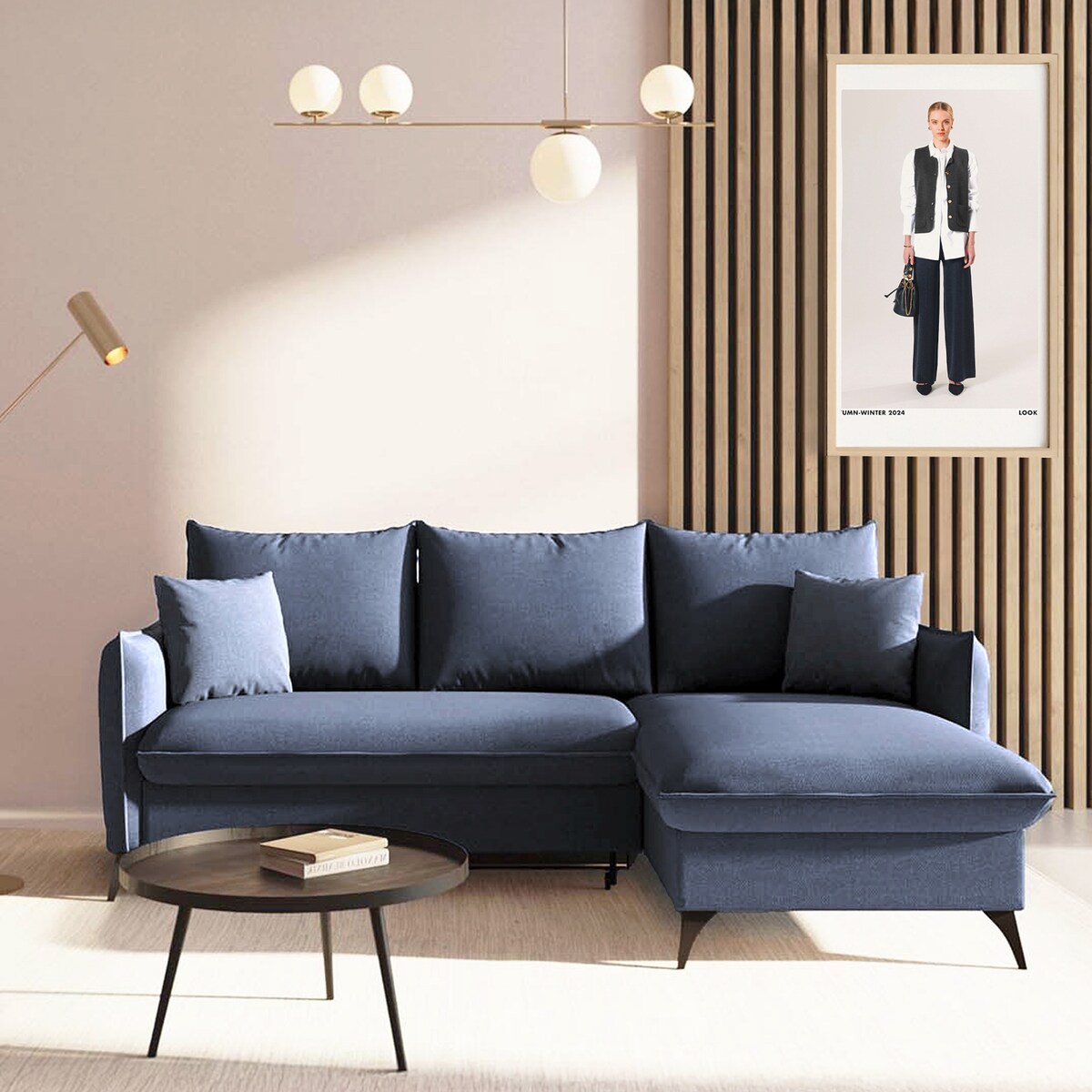 Brim Sofa narożna prawa z funkcją spania i pojemnikiem prawa granatowa
