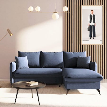 Brim Sofa narożna prawa z funkcją spania i pojemnikiem prawa granatowa