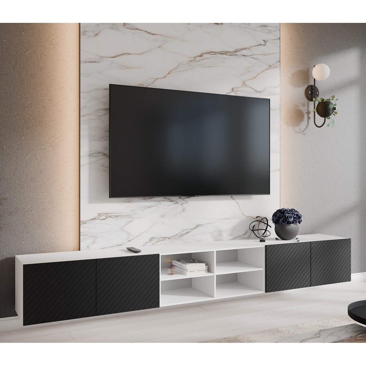 Szafka RTV NIKOL 300cm pod telewizor,frezowane fronty, półki-czarna+biały