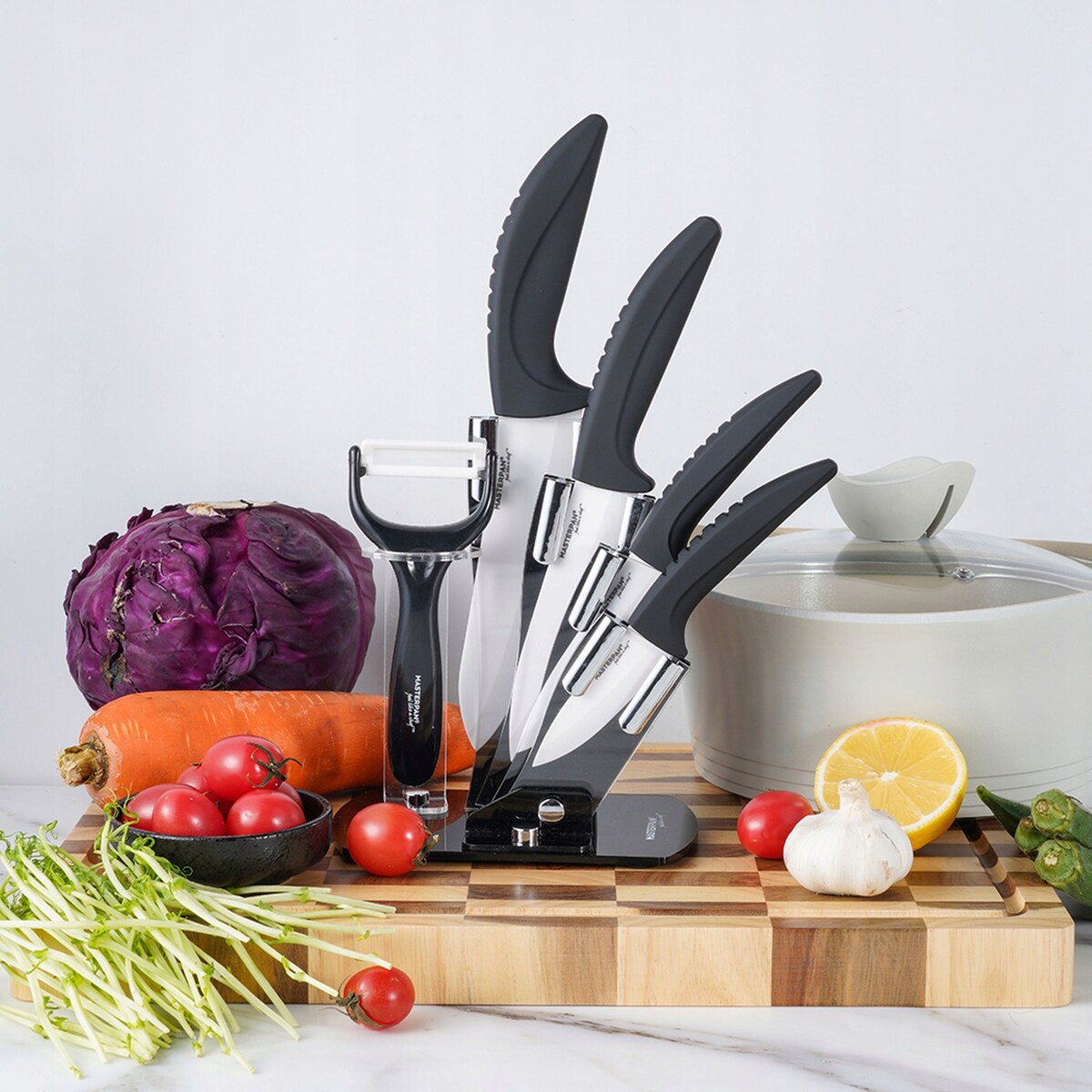 Zestaw Komplet Noży Kuchennych Ceramiczne W Stojaku 5 El. Obieraczka Ostre
