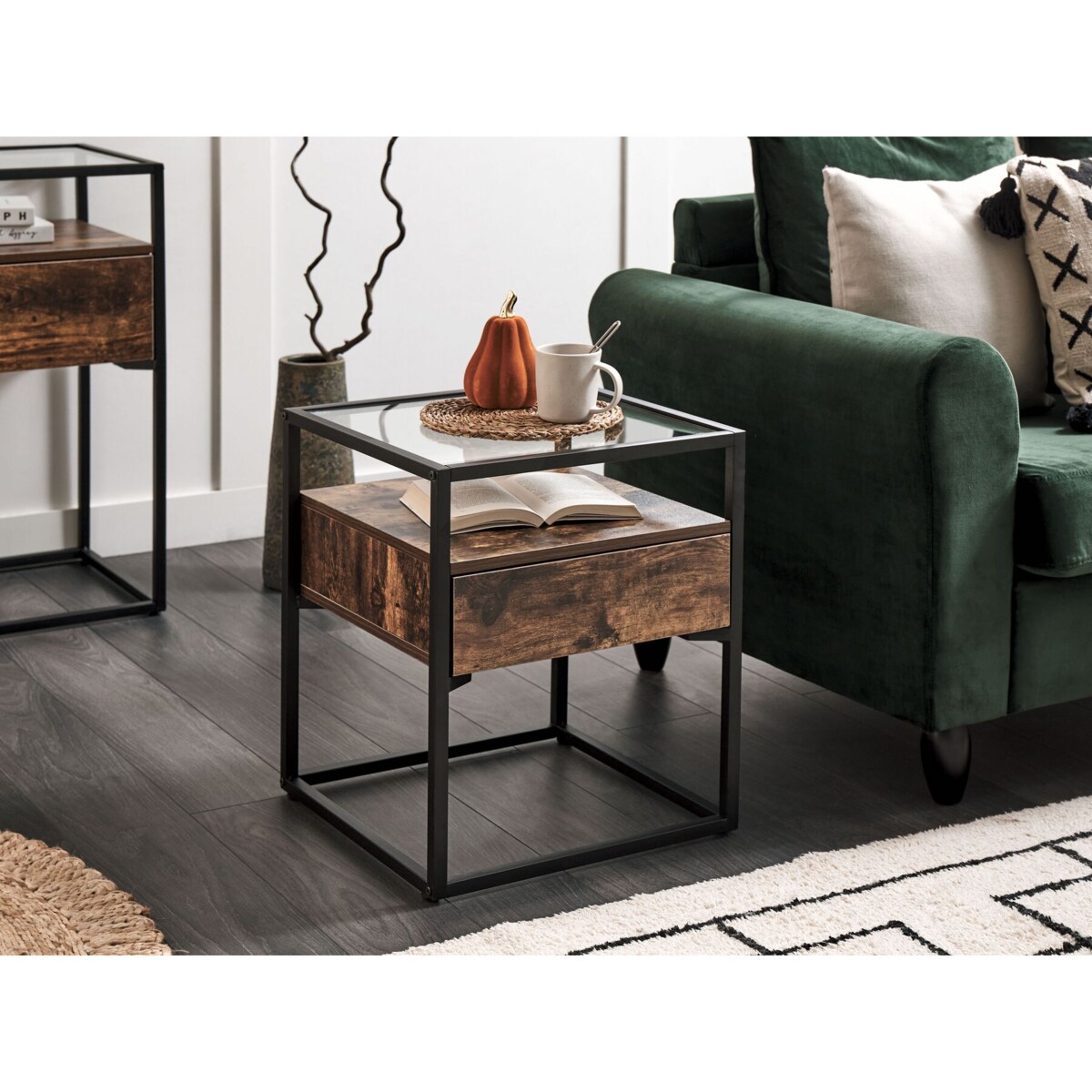 Stolik pomocniczy z szufladą szklany ciemne drewno z czarnym MAUK