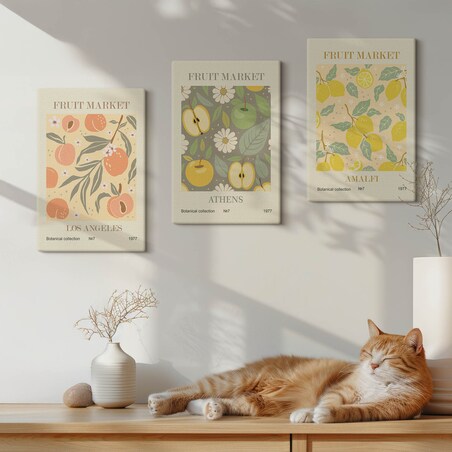 Zestaw 3 małych obrazów na płótnie - Owocowe wzory retro plakaty boho - żółty