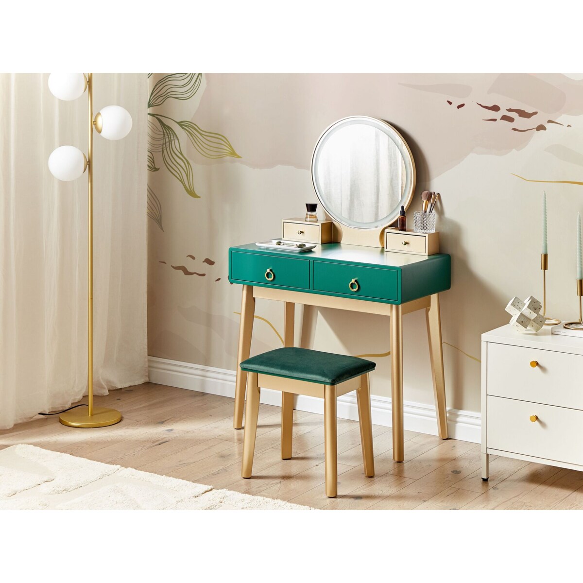 Toaletka 4 szuflady lustro LED ze stołkiem zielono-złota FEDRY