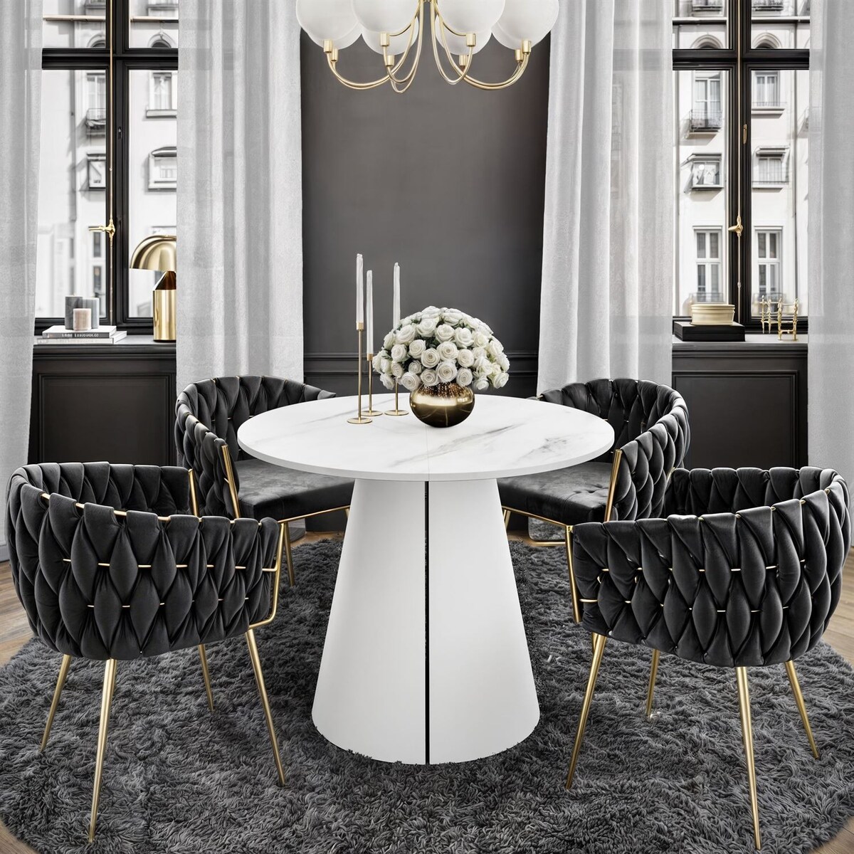 Okrągły stół rozkładany LAVA, średnica 120cm, biały / Marmur Bianco