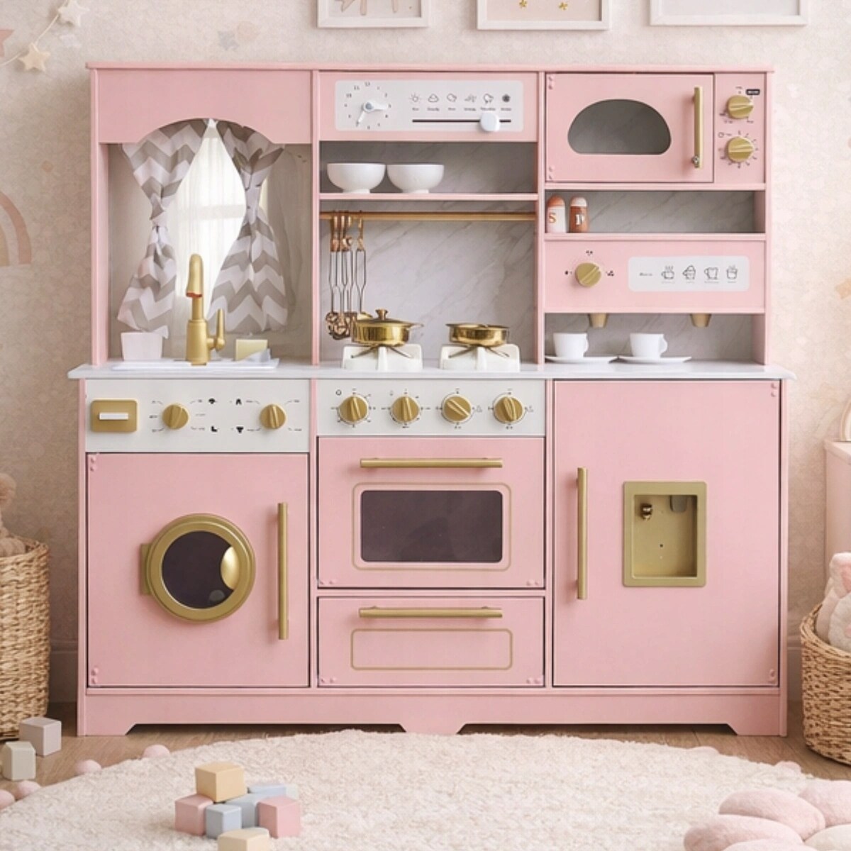 Różowa kuchnia XXL dla dzieci drewniana - dużo funkcji, pralka, piekarnik, lodówka PetitGold