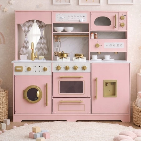 Różowa kuchnia XXL dla dzieci drewniana - dużo funkcji, pralka, piekarnik, lodówka PetitGold