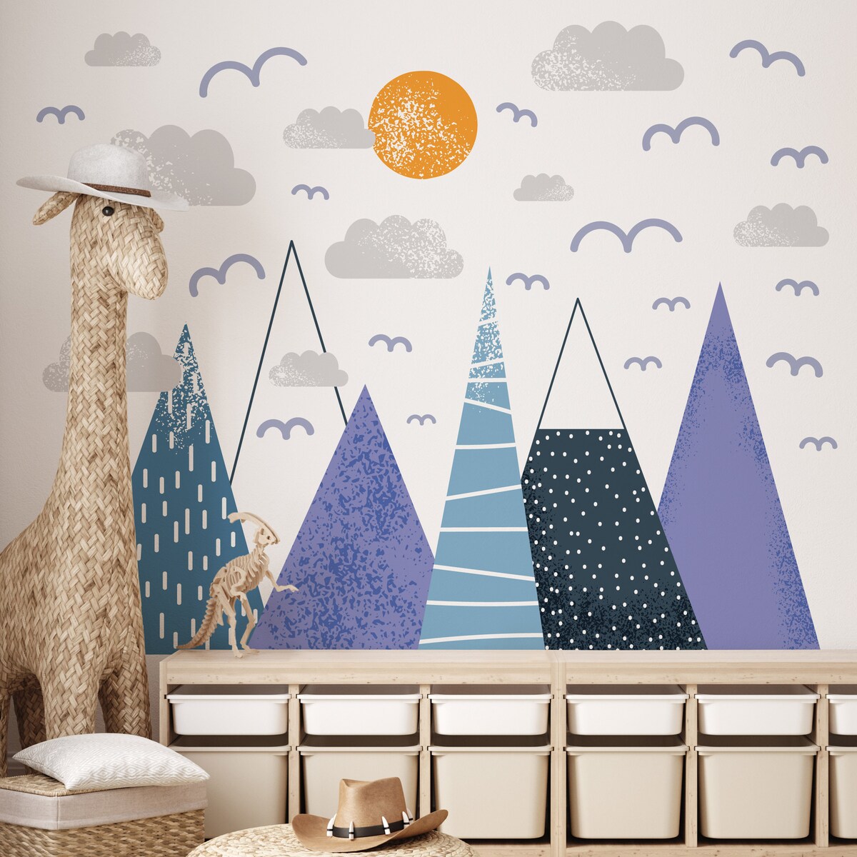 ZESTAW NAKLEJEK DLA DZIECI NA ŚCIANĘ FIOLETOWE GÓRY CHMURY PTAKI