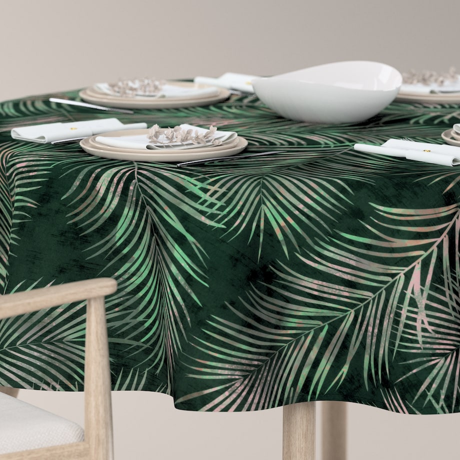 Obrus okrągły 130 x 130 cm liscie na zielonym tle