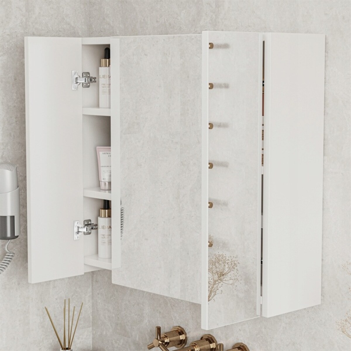 Wisząca szafka łazienkowa ścienna z trójdzielnym lustrem nowoczesna 60 cm