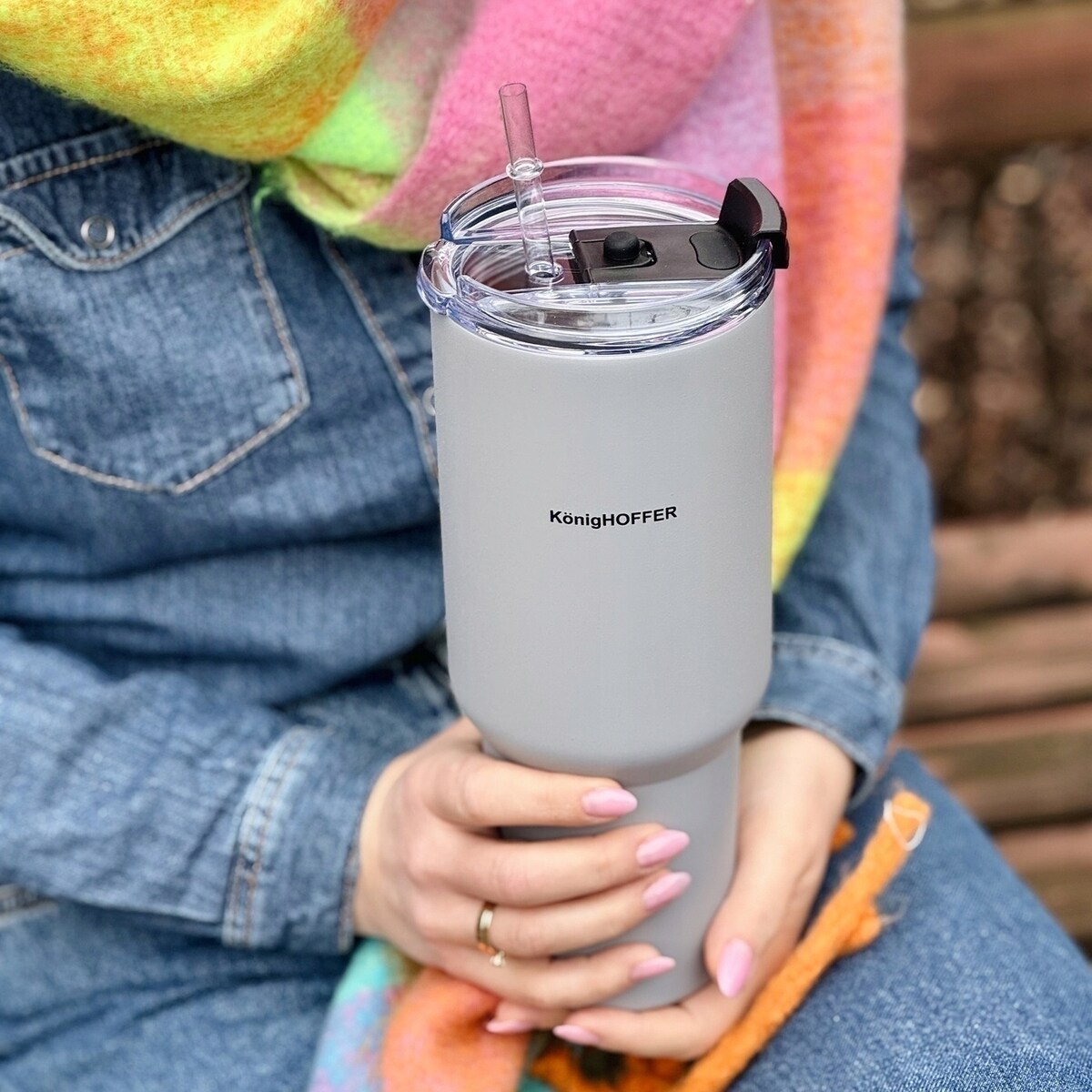 Kubek termiczny ze słomką 1200 ml na ciepłe zimne napoje kawę HERBATĘ szary