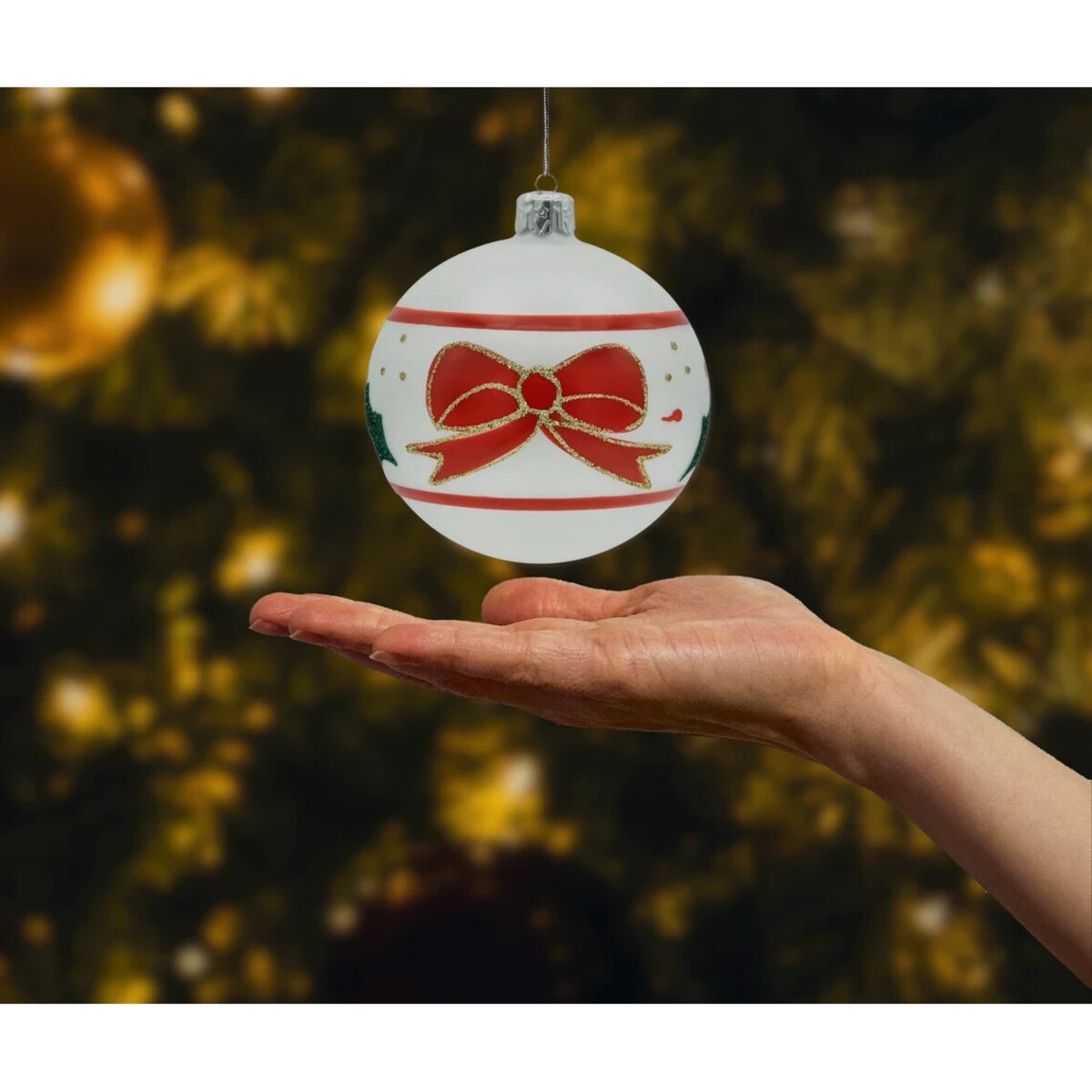 Bombka okrągła z czerwoną kokardą: biała