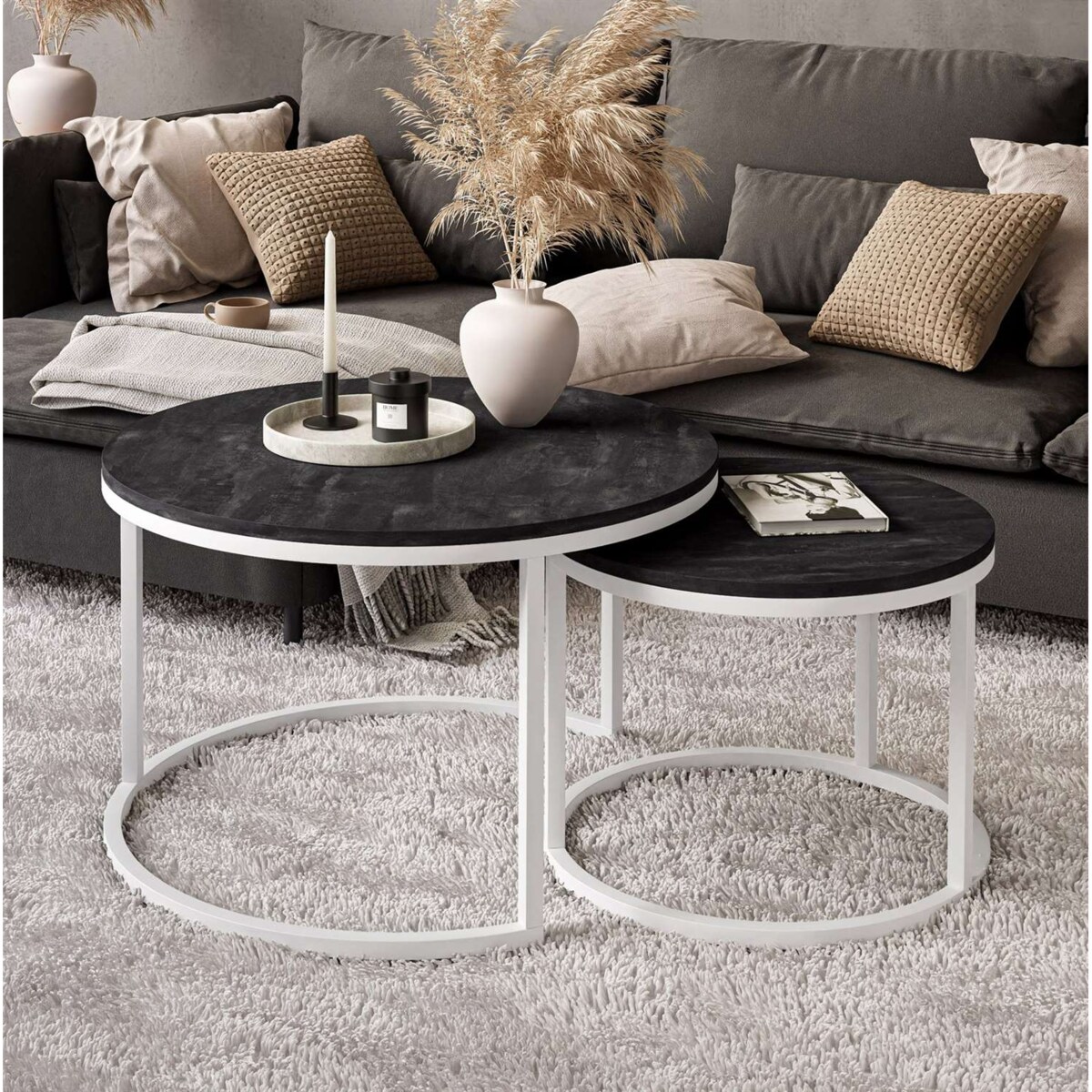 Okrągły stolik kawowy CIRI 2w1 biały ciemny beton