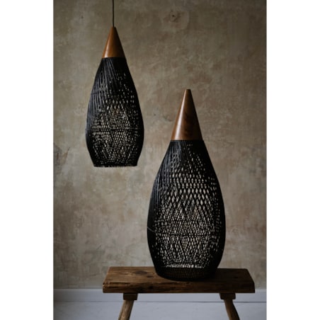 Rattanowa lampa z drewnem teakowym CONE w rozmiarze M - czarna