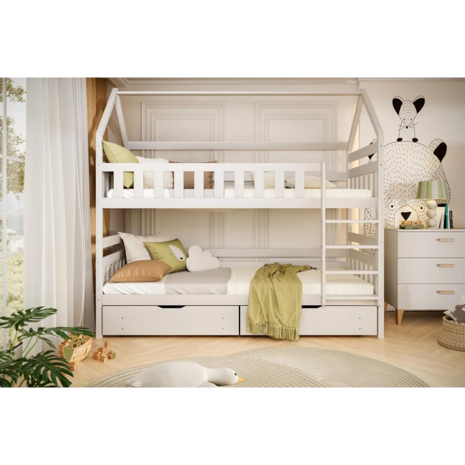 Łóżko piętrowe domek FELIKS 180x80 białe drewniane