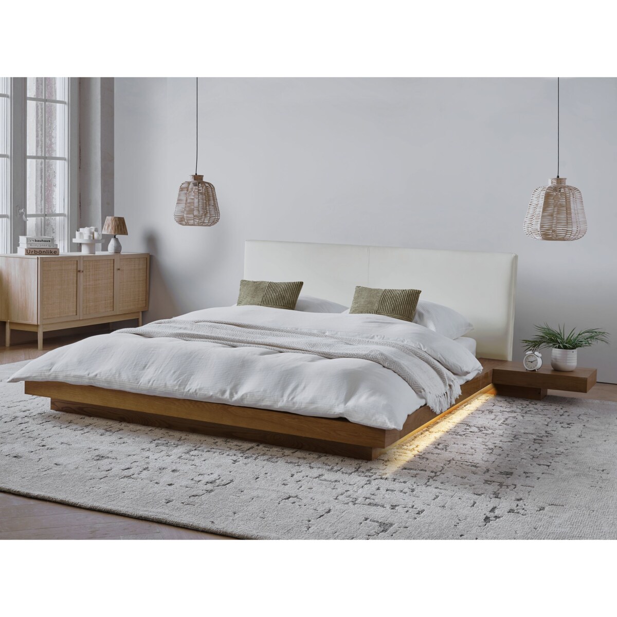 Łóżko LED Ekoskóra ZEN 160 x 200 cm Jesion naturalny