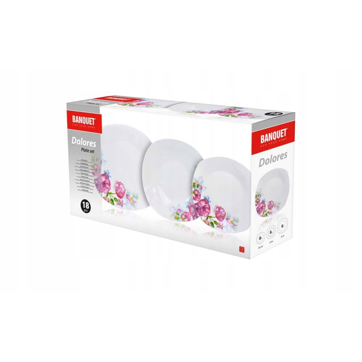 TALERZE OBIADOWE ZESTAW dla 6 osób W KWIATY KWADRATOWE 18 ele DOLORES