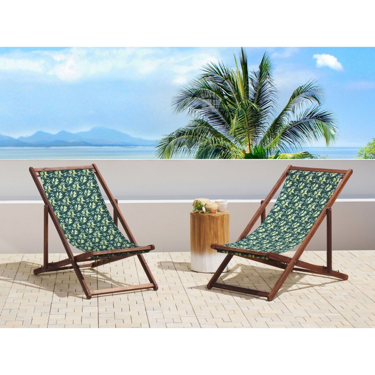 Zestaw 2 leżaków ogrodowych ciemne drewno akacjowe wzór w oliwki ANZIO