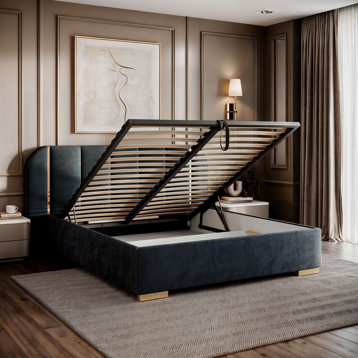 Łóżko tapicerowane AMARA GOLD, pojemnik, stelaż 32, 140x200, Royal Velvet 87233