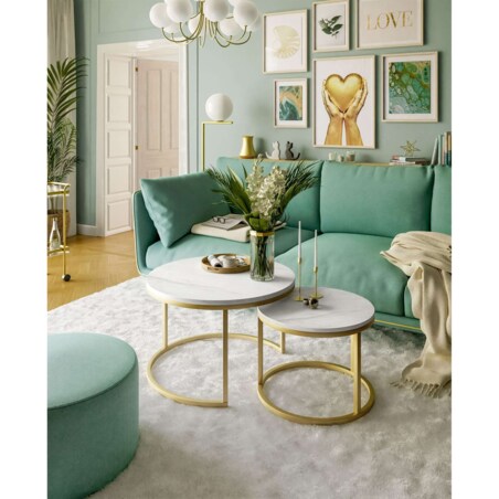 Okrągły stolik kawowy CIRI 2w1 złoty mat marmur levanto 70/50 cm