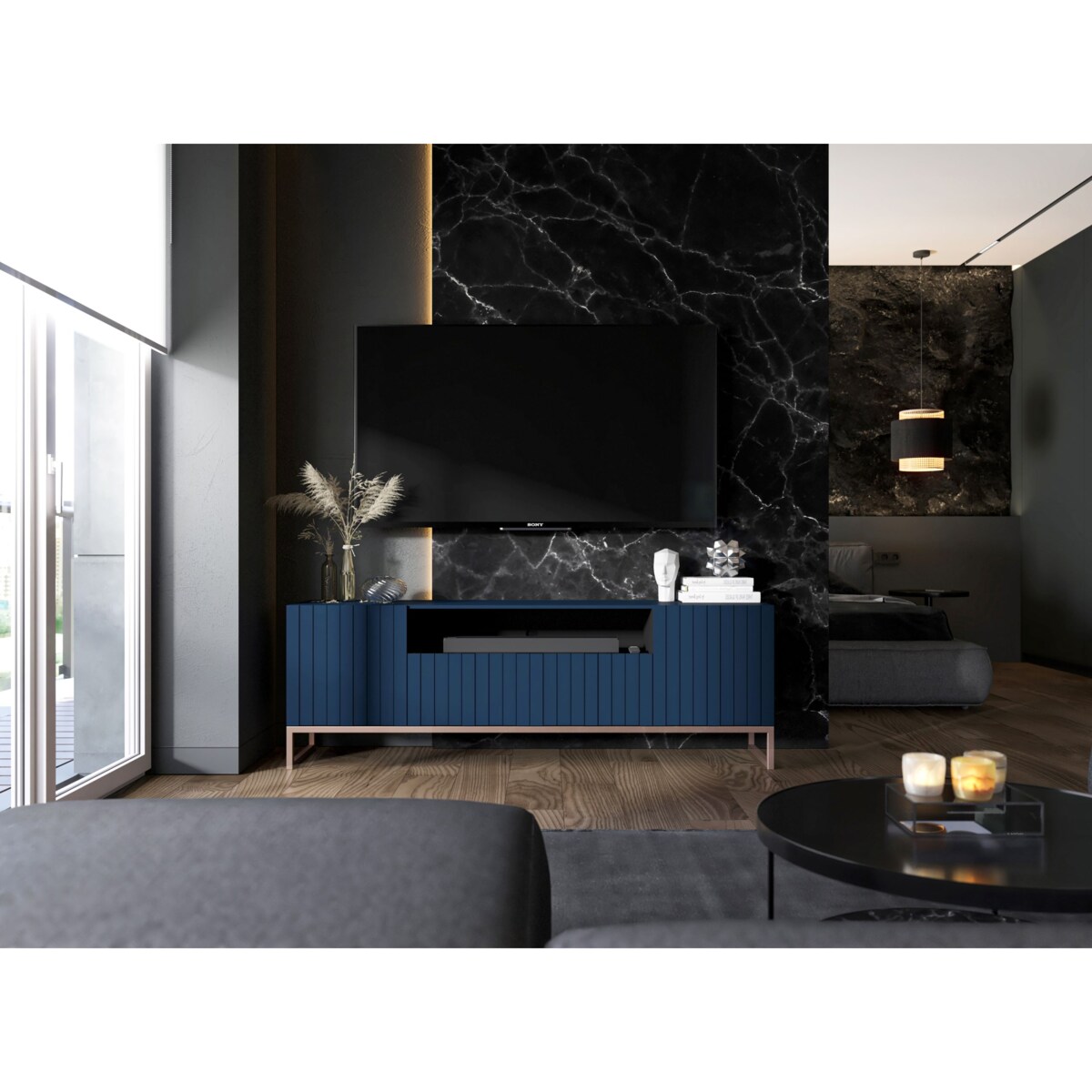 Nowoczesna Szafka RTV Glamour Komoda RTV Glamour Granatowy Mat 150 cm