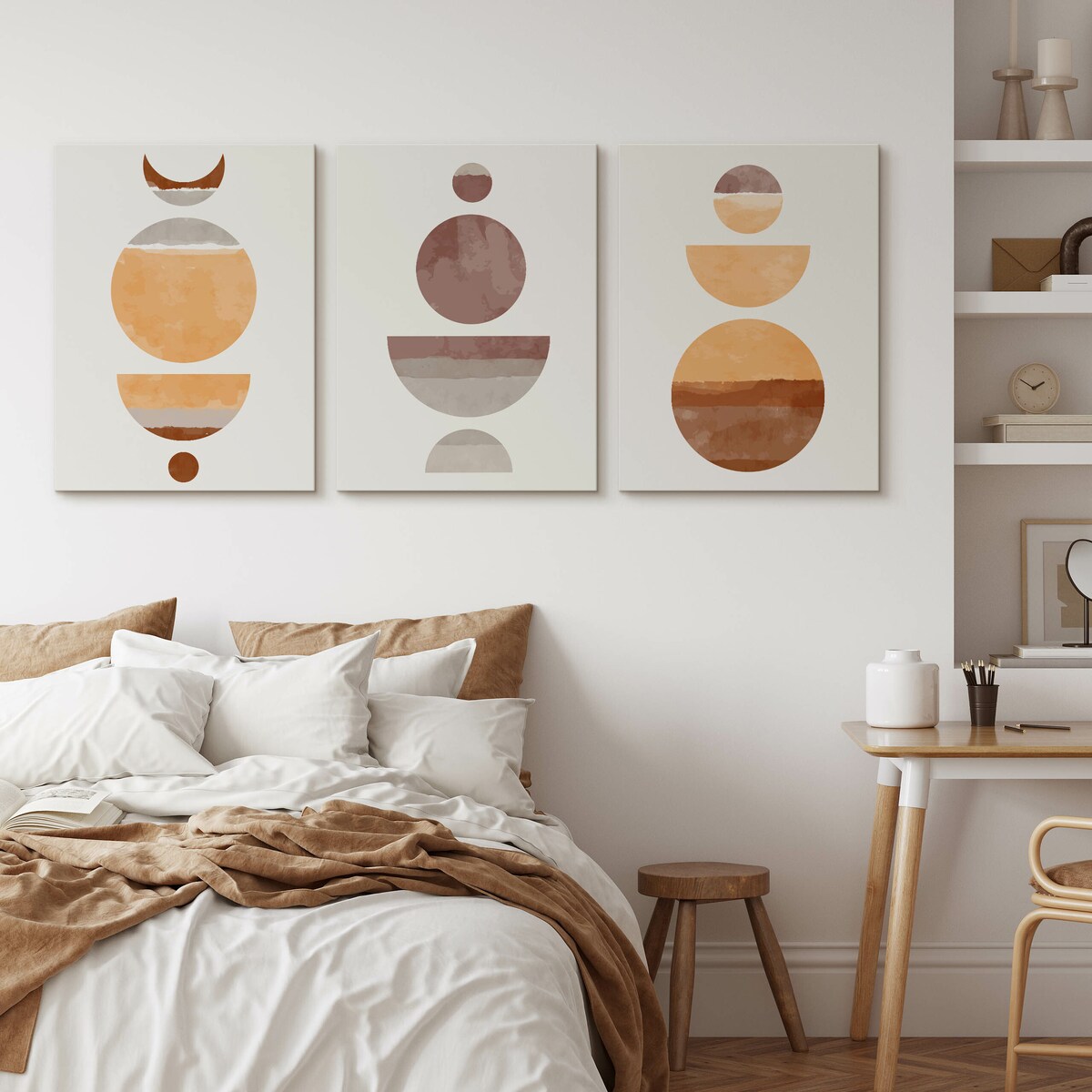 OBRAZY DO SALONU SET ABSTRAKCJA STYL BOHO KSZTAŁTY GEOMETRYCZNE 90x40cm