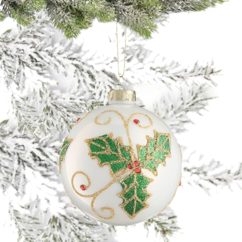 VILLA ITALIA Bombka szklana biała dekorowana 8 cm