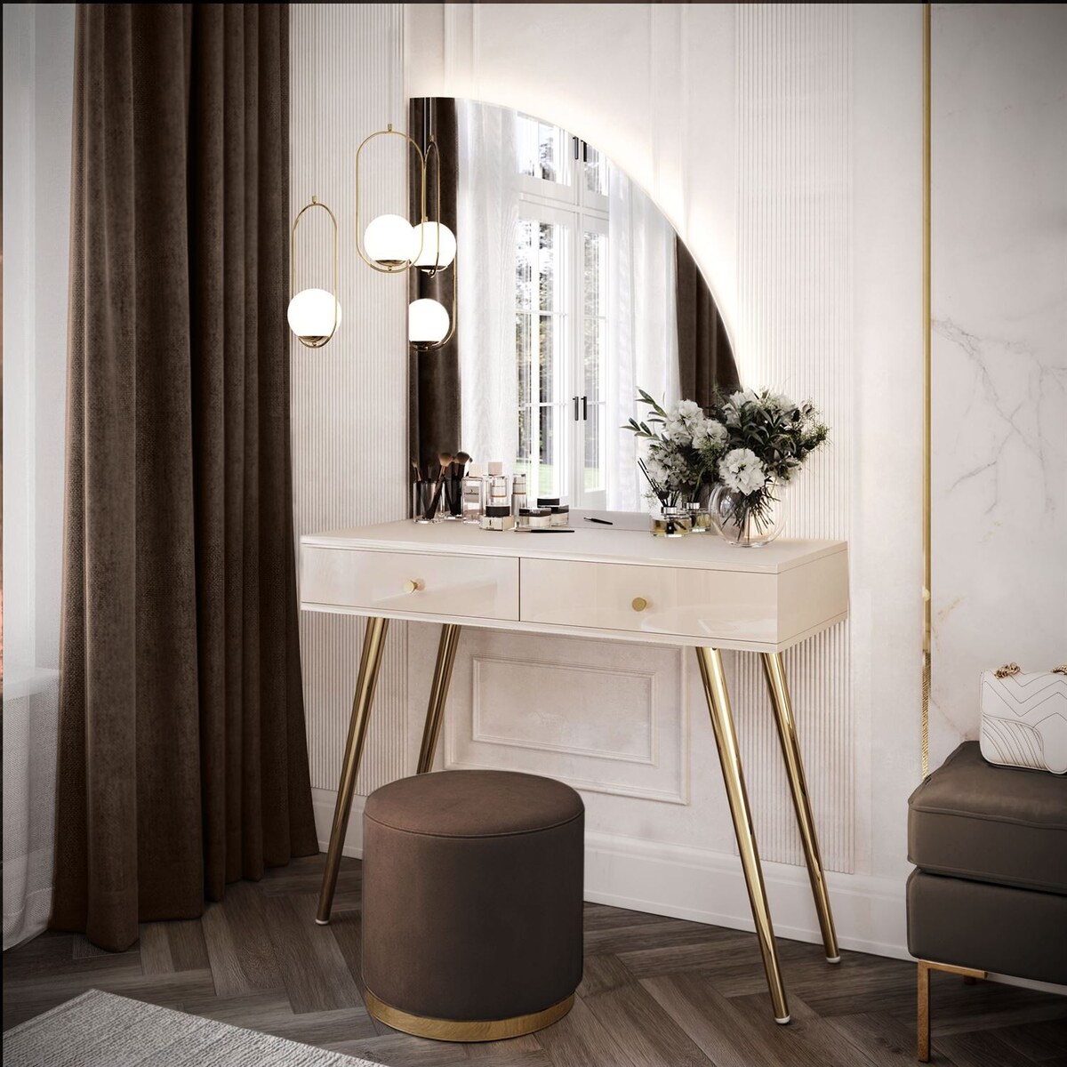 Toaletka kosmetyczna SIENNA-QS KASZMIR z lustrem LED, prawa, uchwyt złoty