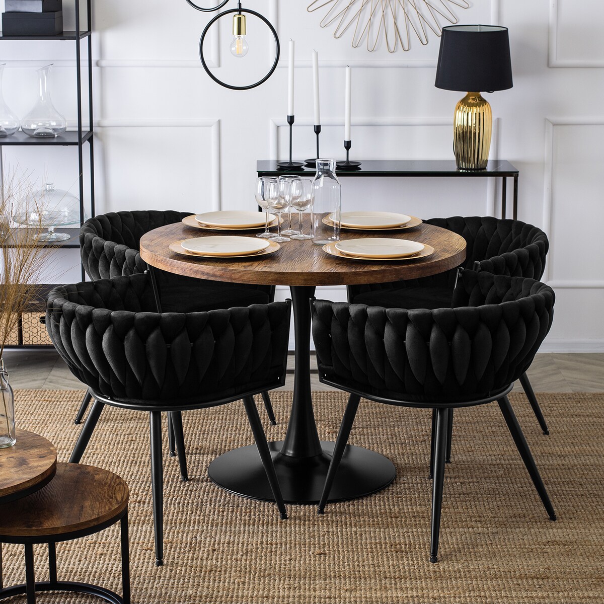 Krzesło Tapicerowane Welurowe Plecione Nowoczesne Do Jadalni EMPOLI Czarne