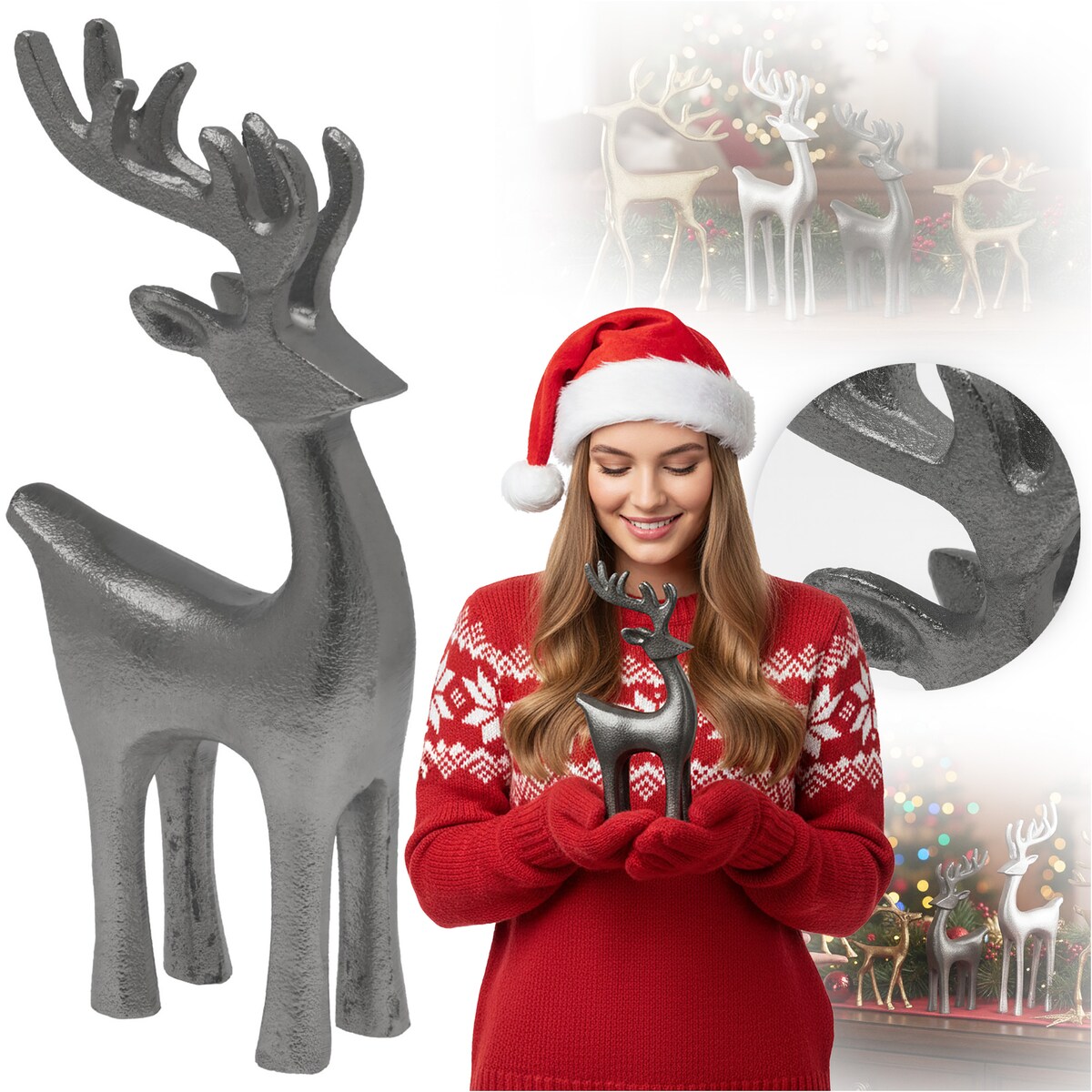 Renifer Figurka Duża Świąteczna Stojąca Dekoracja Ozdoba Szara 22 Cm