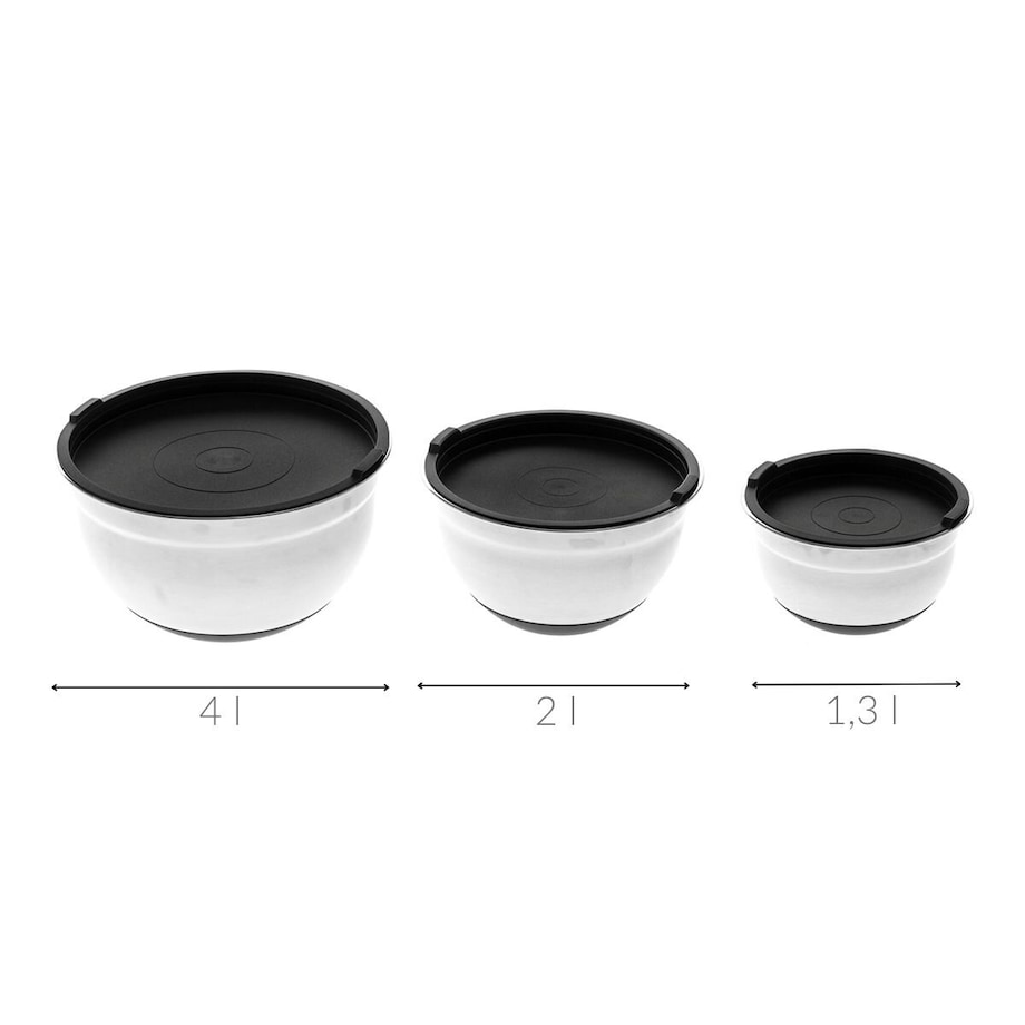 Zestaw metalowych misek z przykrywkami, 4 l, 2 l i 1,3 l