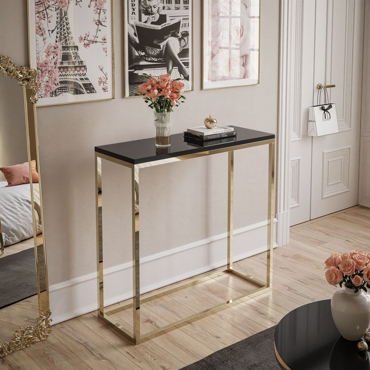 Konsola MODERN ZŁOTY CHROM 80cm, złoty chrom / czarny połysk