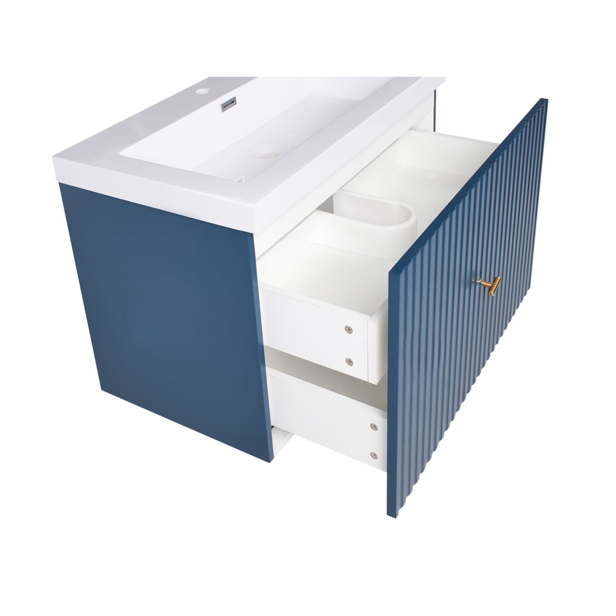 Szafka łazienkowa wisząca z umywalką LAGO ze złotym uchwytem 80 cm Ciemnoniebieski