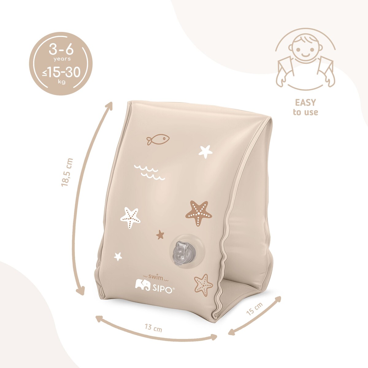 Sipo, Dmuchane Rękawki Do Pływania Dla Dzieci, Do Nauki Pływania, 3-6 Lat, 15-30 Kg, Beżowe