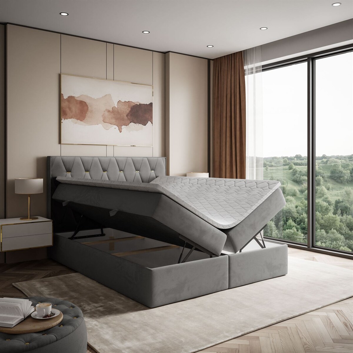 Łóżko kontynentalne IZOLDA z pojemnikiem na pościel, 140x200, RV 250, topper