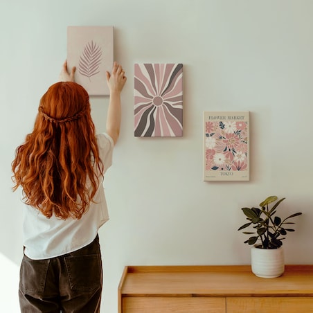 Zestaw 3 małych obrazów na płótnie - Kwiatowe wzory liści i geometria - różowy