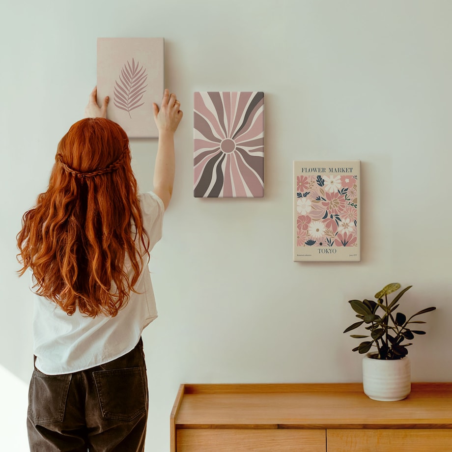 Zestaw 3 małych obrazów na płótnie - Kwiatowe wzory liści i geometria - różowy