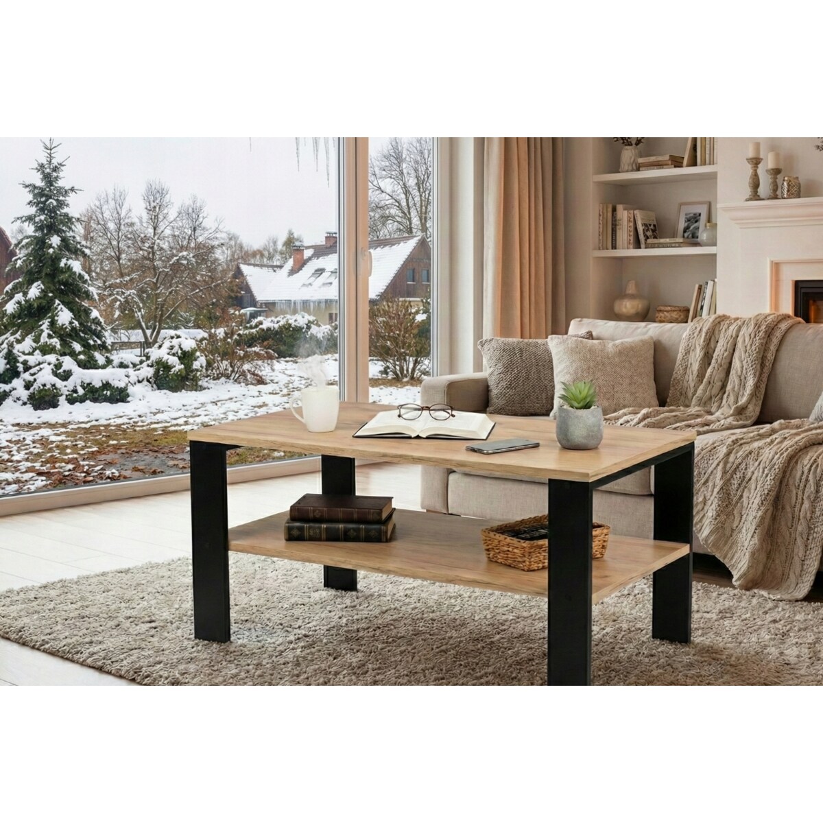 Stolik Kawowy Loft Industrialny Dąb Złoty Craft Czarny Stelaż 90X52Cm