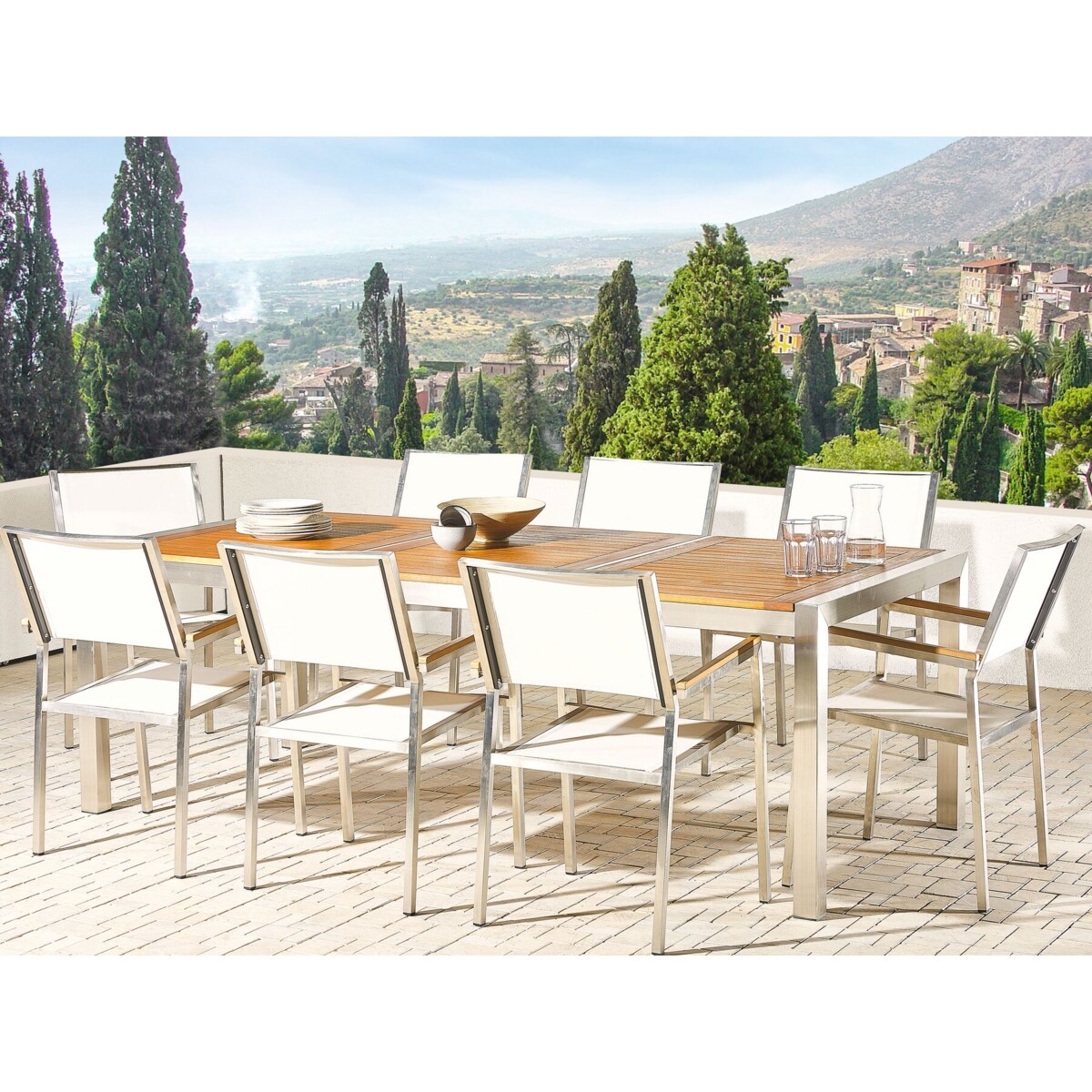 Zestaw ogrodowy stół drewniany eukaliptus i 8 krzeseł białych GROSSETO