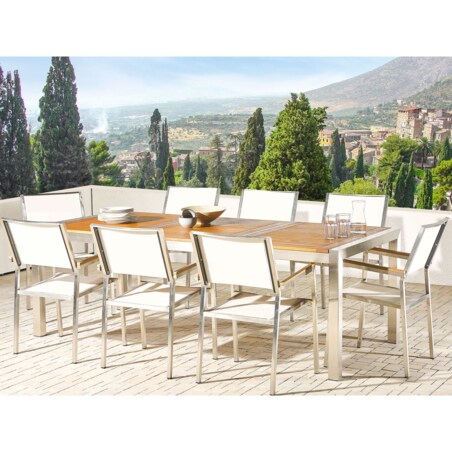 Zestaw ogrodowy stół drewniany eukaliptus i 8 krzeseł białych GROSSETO