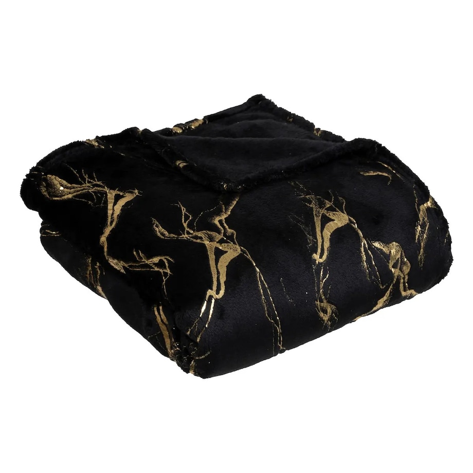 Pled koc pluszowy czarny, złoty marmur 130x180 cm Marbre