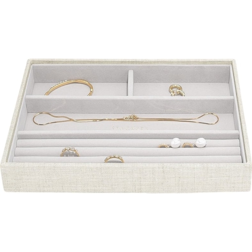 Szkatułka na biżuterię Stackers 4 komorowa classic jasnobeżowa lniana