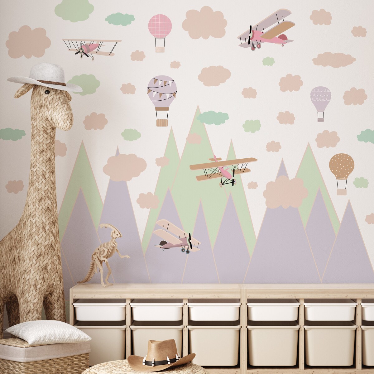 NAKLEJKI ŚCIENNE DLA DZIECI ZIELONE GÓRY BALONY SAMOLOTY STYL RETRO ZESTAW