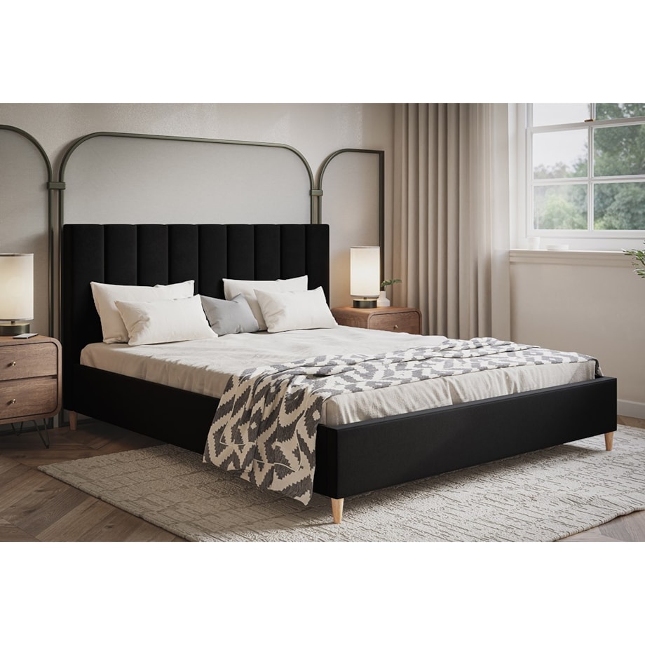 Łóżko tapicerowane 140x200 LUXO 2 na drewnianych nogach - czarne