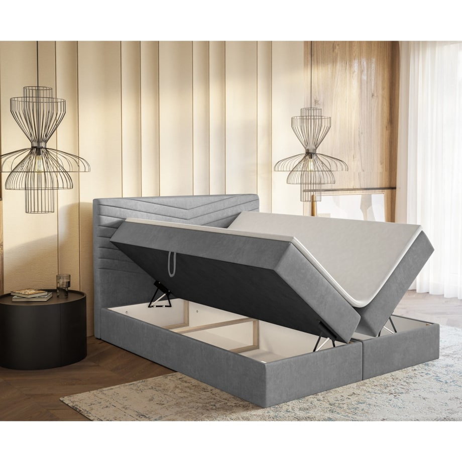 Łóżko kontynentalne G4 do sypialni 140x200 z pojemnikiem i materacem- szare