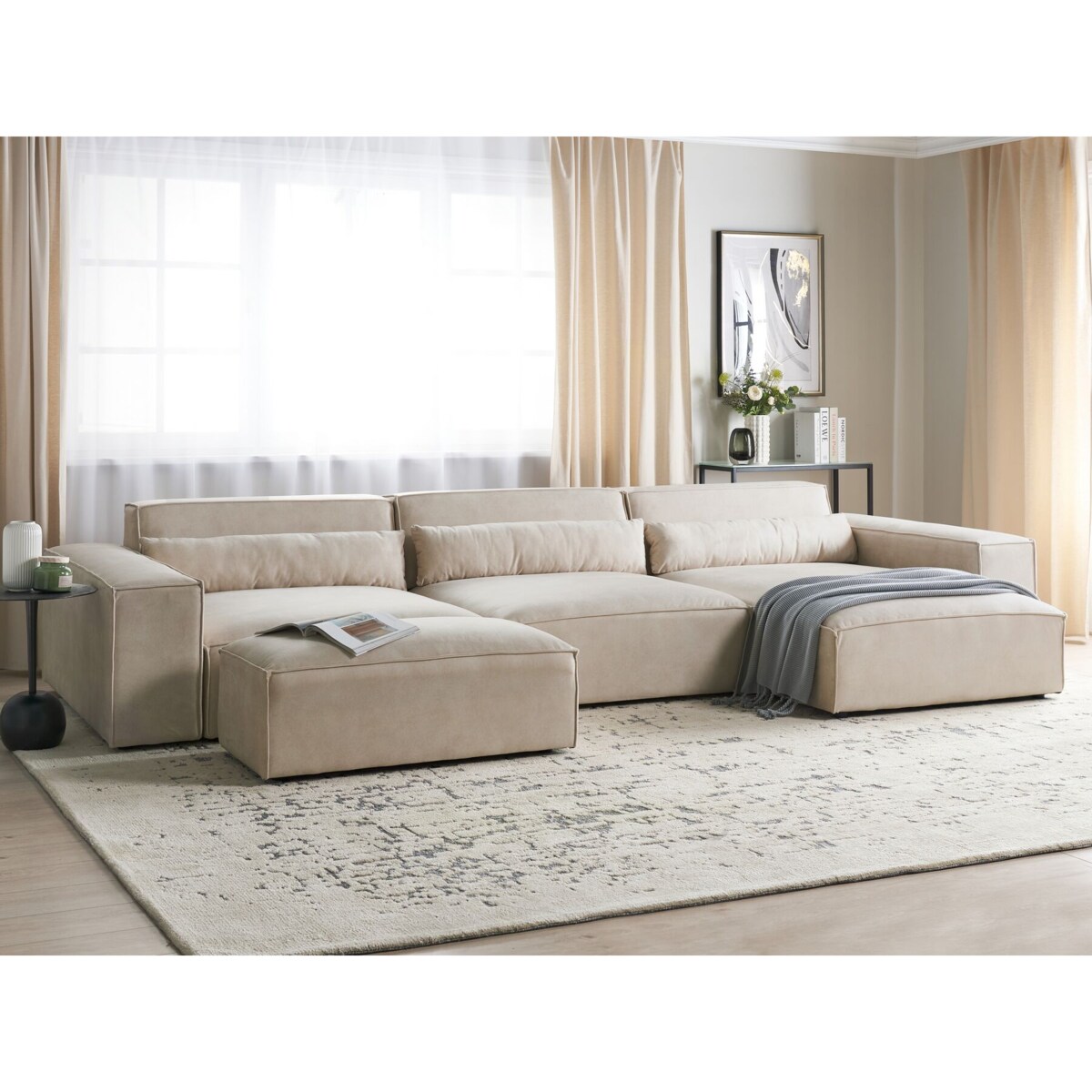 Sofa narożna z otomaną HELLNAR Welur Jasnobeżowy Lewostronny
